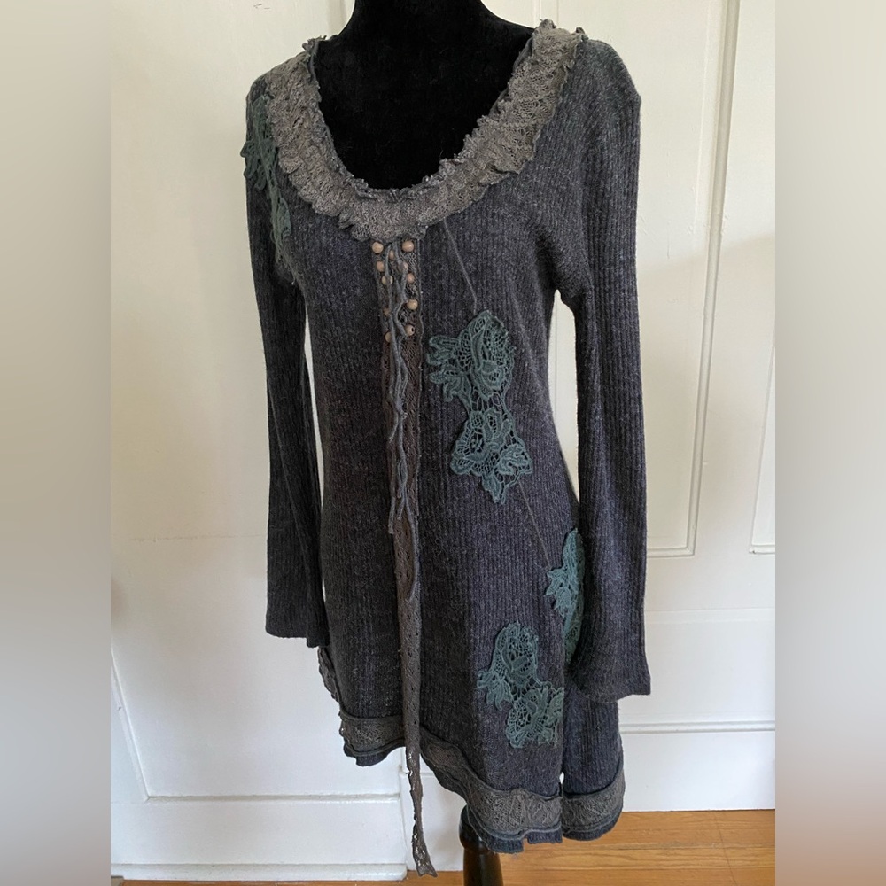 Gray Knit Oversized Long Lagenlook Boho Tunic with Lace and beaded accents.